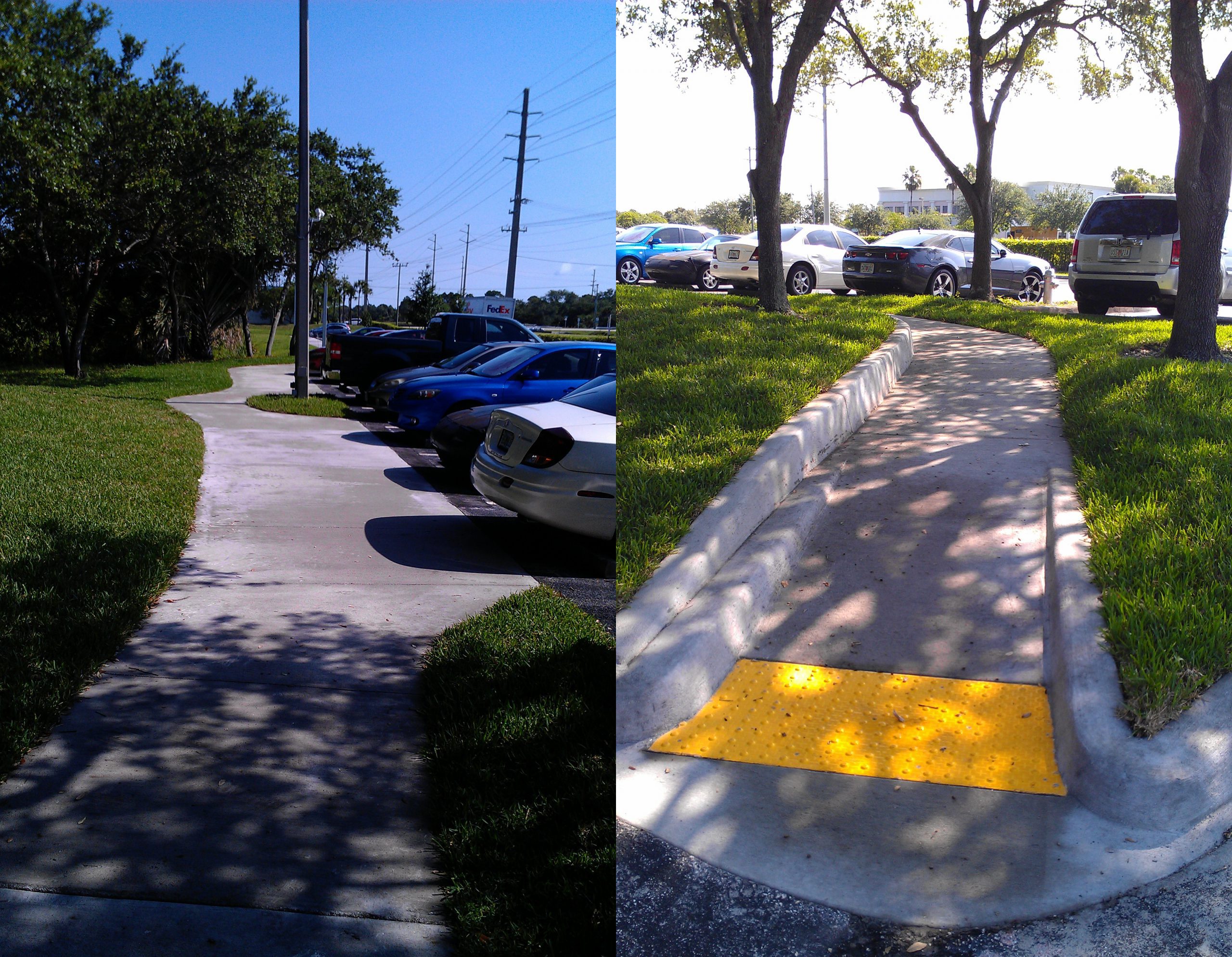 A Sidewalk With a Yellow Color Marking One
